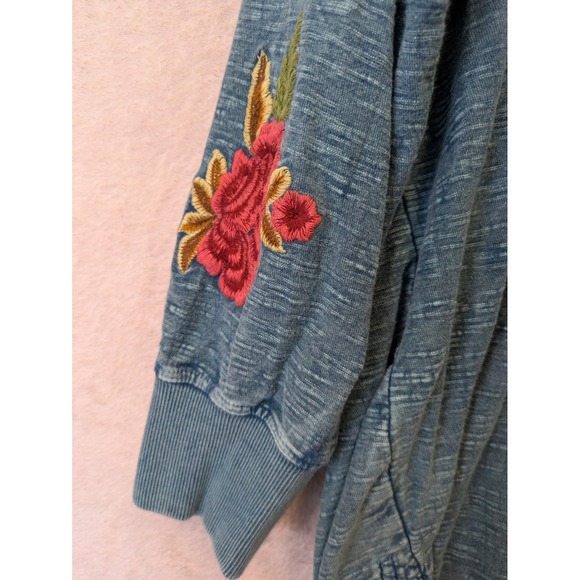 Driftwood Hoodie Women's L Blue Floral Embroidered High-Low Pullover V-Neck - Picture 5 of 9